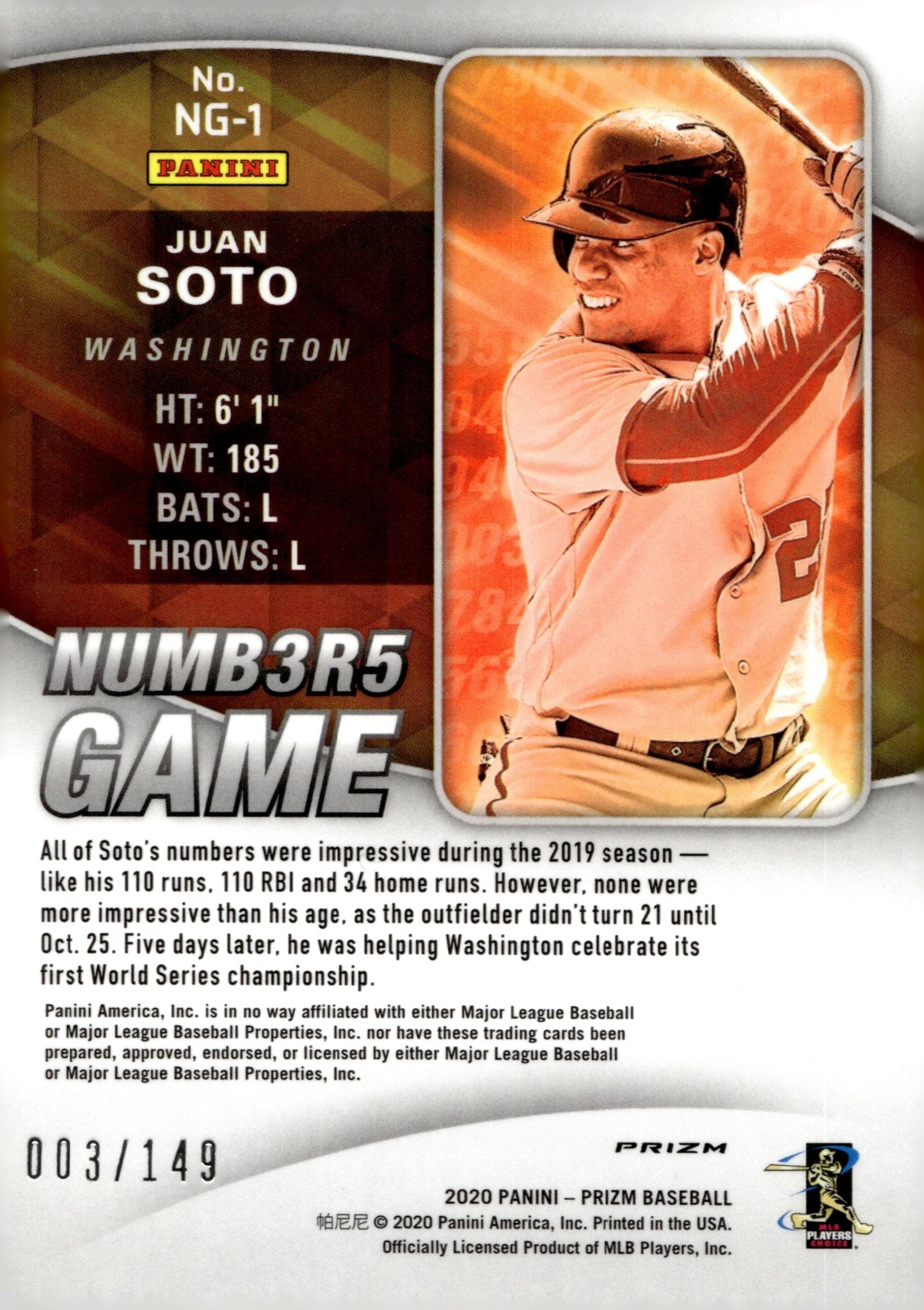 Juan Soto 2020 Panini Prizm Numb3r5 Game Red Disco Prizm 003/149 #NG - 1 - Collector Store LLC