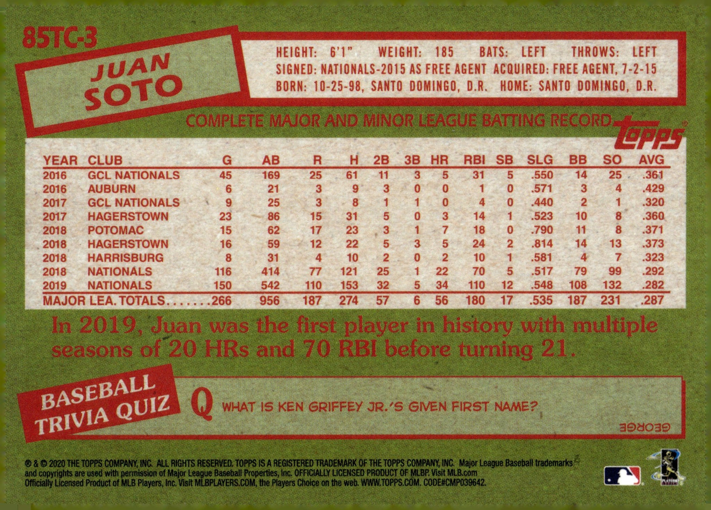 Juan Soto 2020 Topps Chrome '85 Refractor #85TC - 3 - Collector Store LLC
