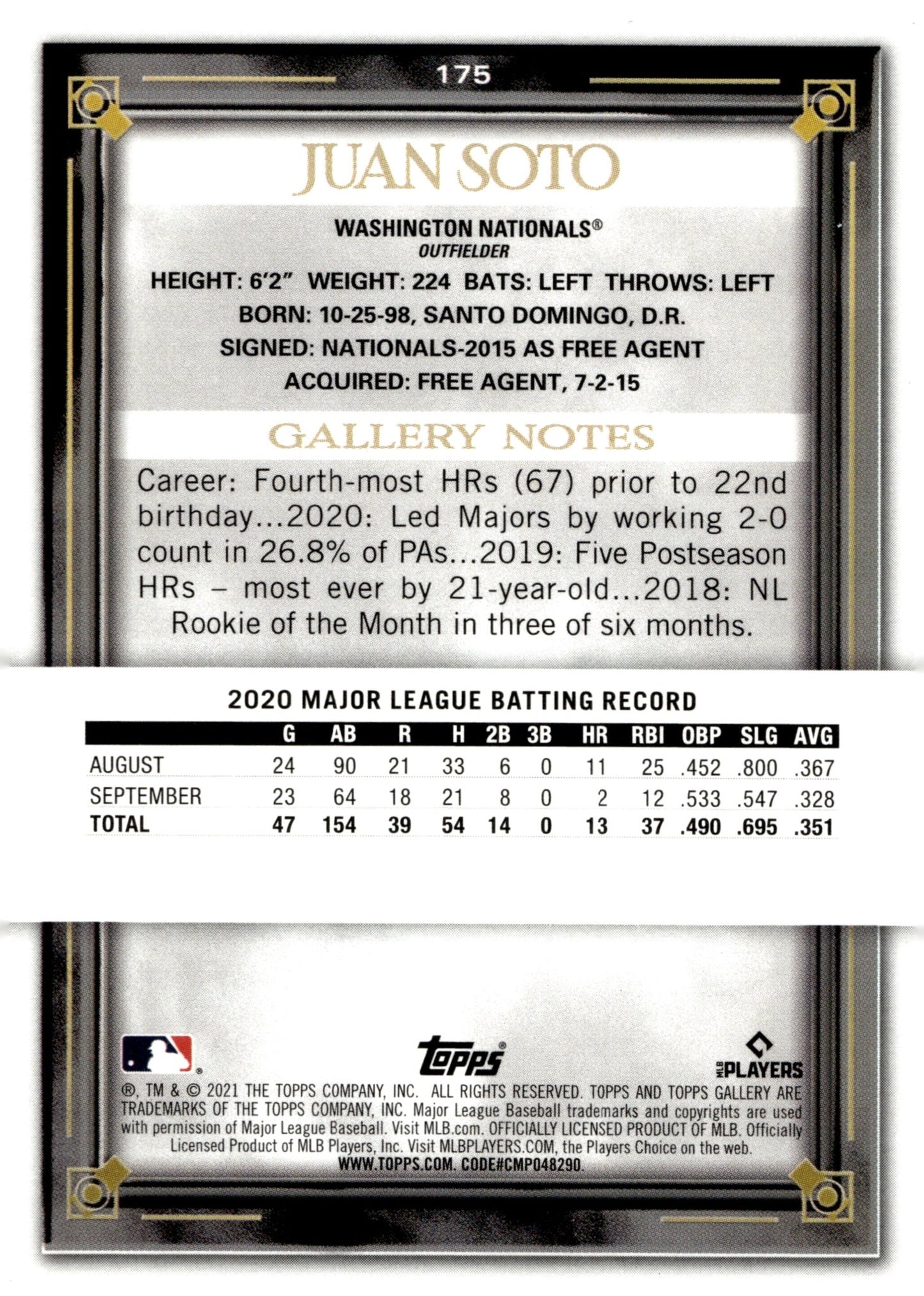 Juan Soto 2021 Topps Gallery Foil #175 - Collector Store LLC