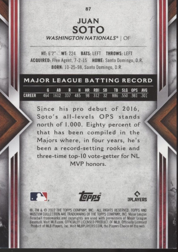 Juan Soto 2022 Topps Museum Collection Red 42/50 87 - Collector Store LLC