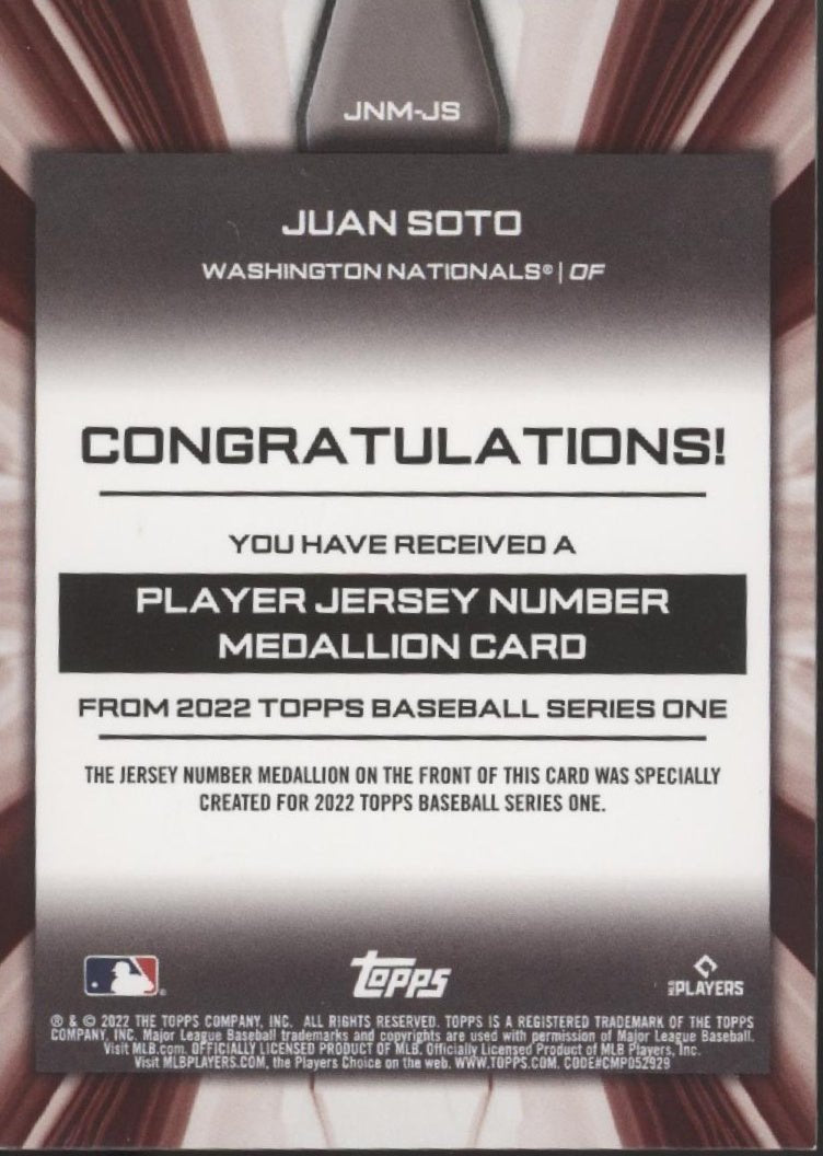 Juan Soto 2022 Topps Series 1 Commemorative Number Medallion #JNM - JS - Collector Store LLC