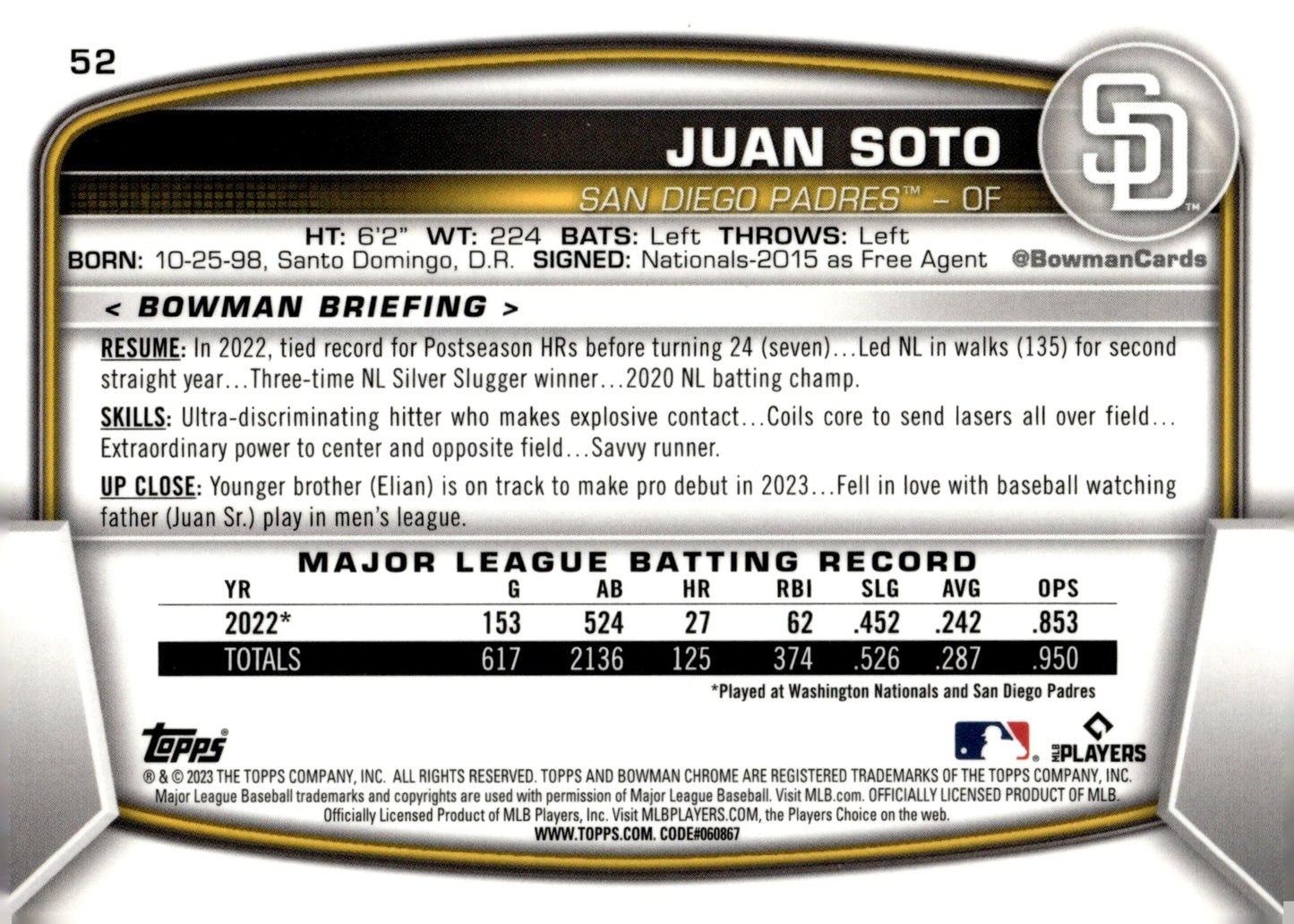 Juan Soto 2023 Bowman Chrome Mojo Refractor 52 2 - Collector Store LLC