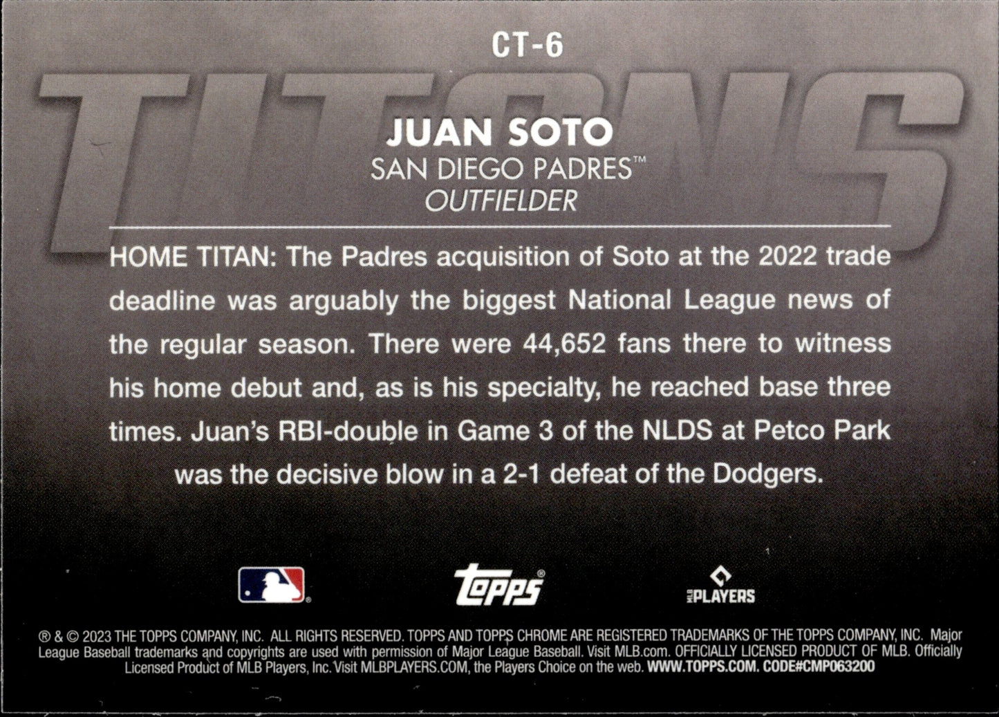 Juan Soto 2023 Topps Chrome Titans Refractor CT - 6 2 - Collector Store LLC