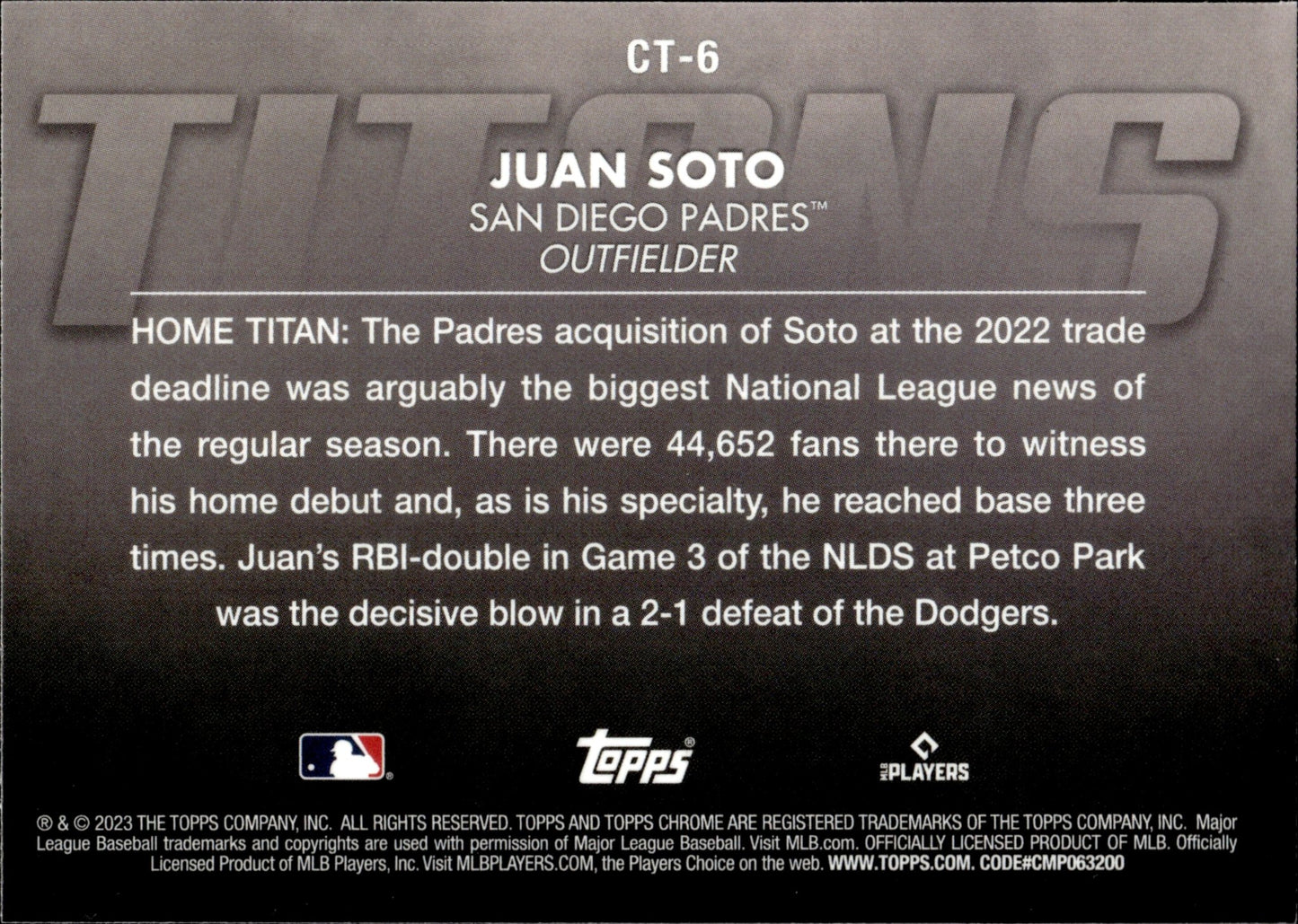 Juan Soto 2023 Topps Chrome Titans Refractor #CT - 6 - Collector Store LLC