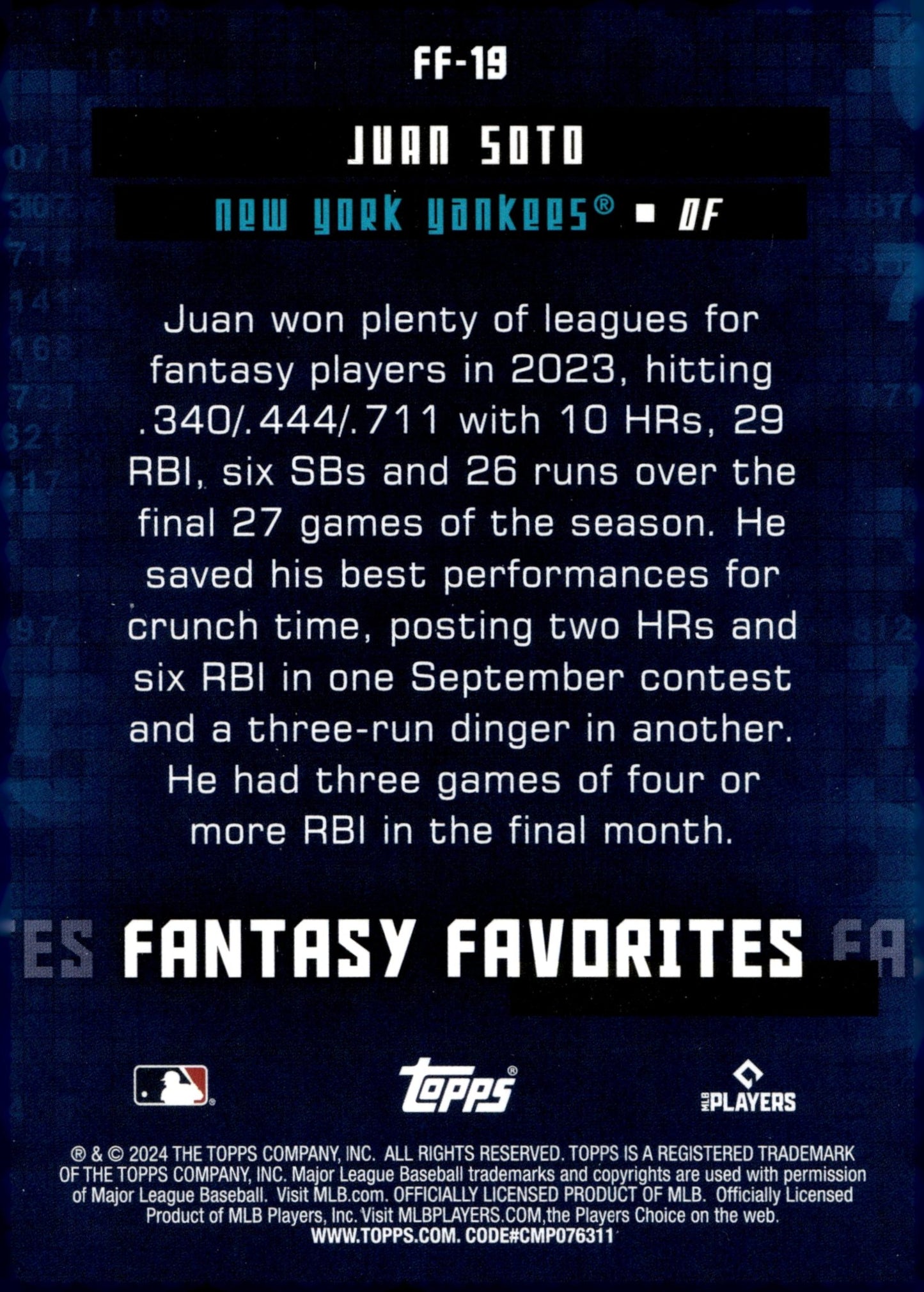 Juan Soto 2024 Topps Series 2 Fantasy Favorites #FF - 19 - Collector Store LLC