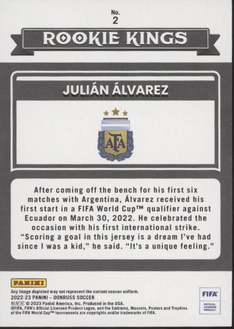 Julian Alvarez 2022 - 23 Panini Donruss Rookie Kings RC #2 - Collector Store LLC