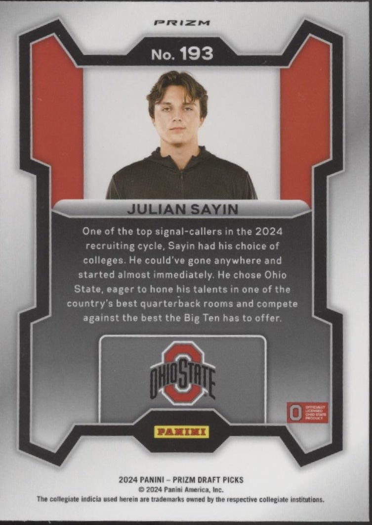 Julian Sayin 2024 Panini Prizm Draft Picks Rated Prospect Red Ice Prizm #193 - Collector Store LLC
