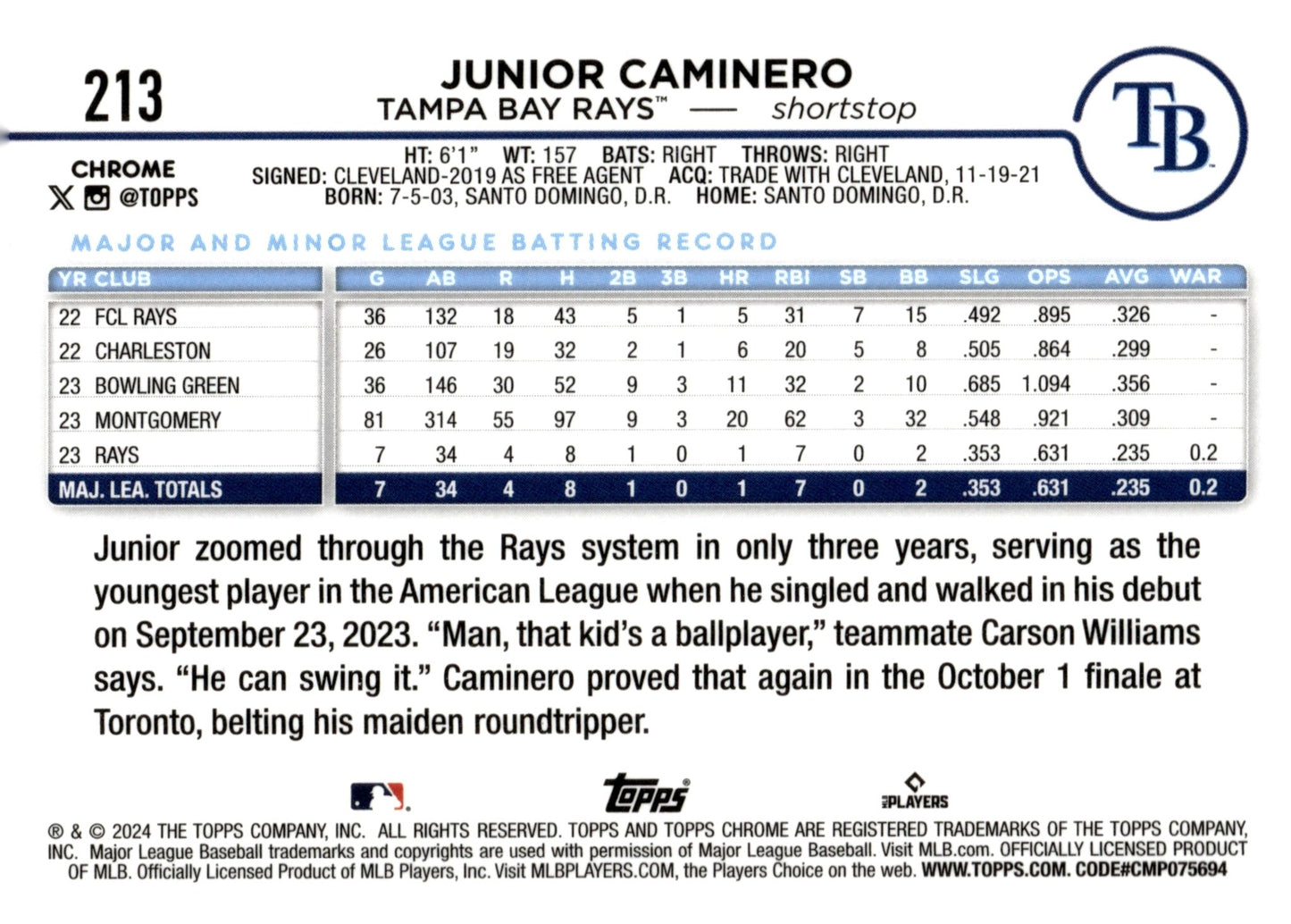 Junior Caminero 2024 Topps Chrome Fuchsia Refractor #213 - Collector Store LLC
