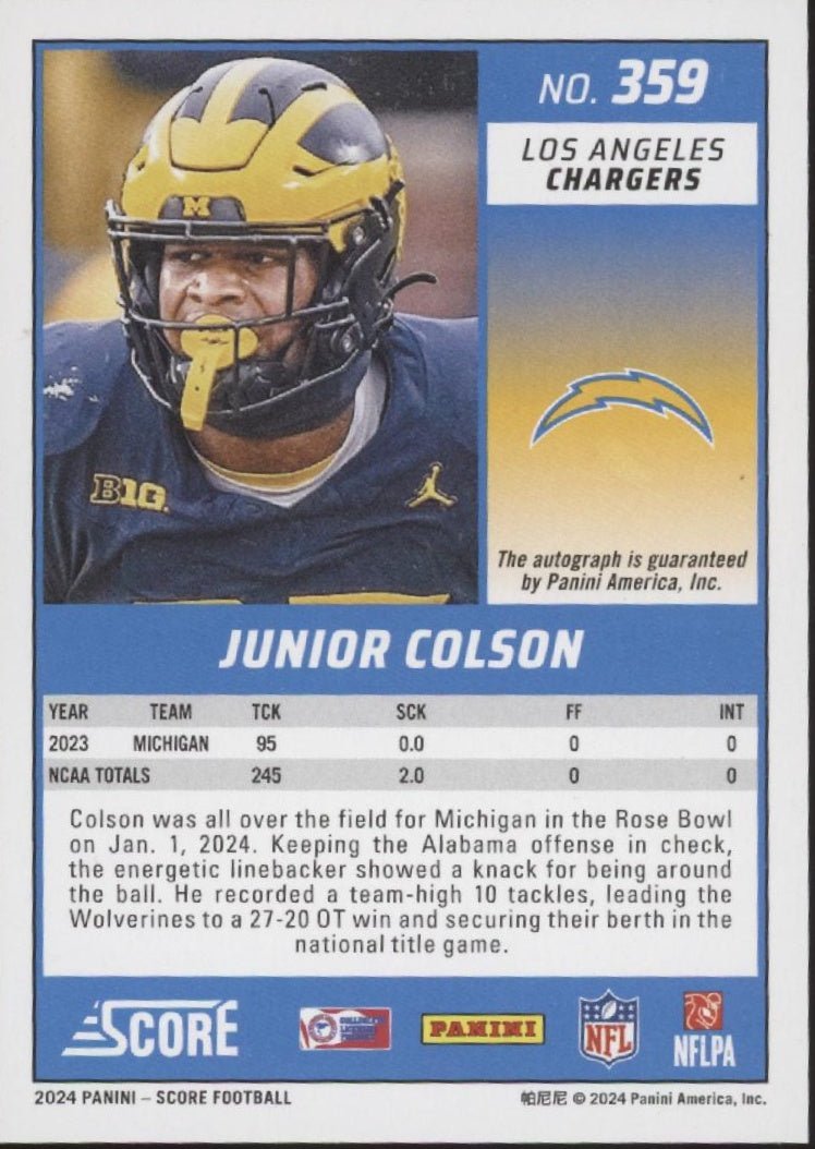 Junior Colson 2024 Panini Score Gold Zone RC Auto 42/50 #359 - Collector Store LLC