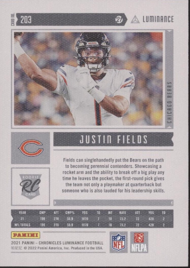 Justin Fields 2021 Panini Chronicles Luminance Purple RC #203 - Collector Store LLC