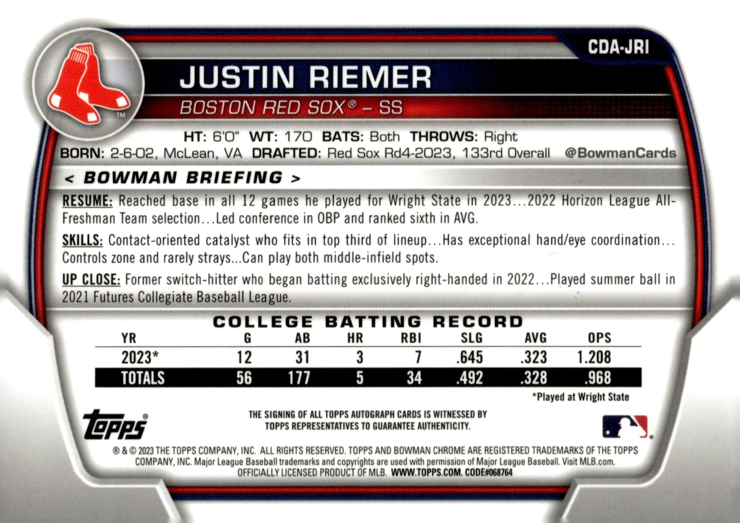 Justin Riemer 2023 Bowman Chrome Auto #CDA - JRI - Collector Store LLC