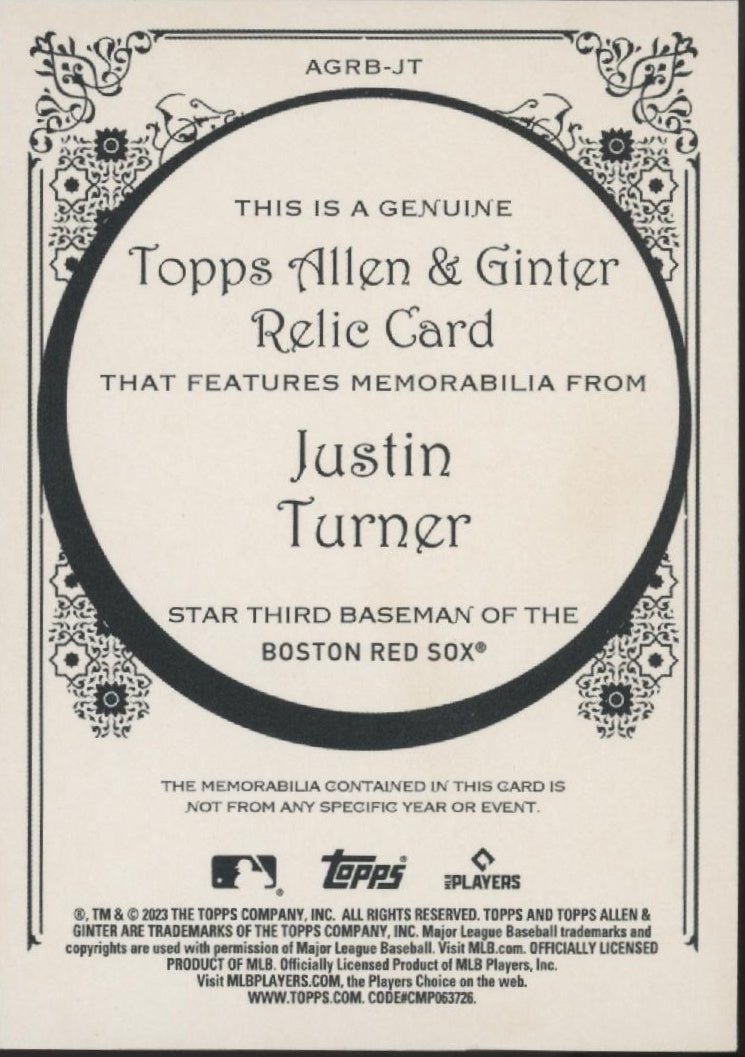 Justin Turner 2023 Topps Allen & Ginter Swatch #AGRB - JT - Collector Store LLC