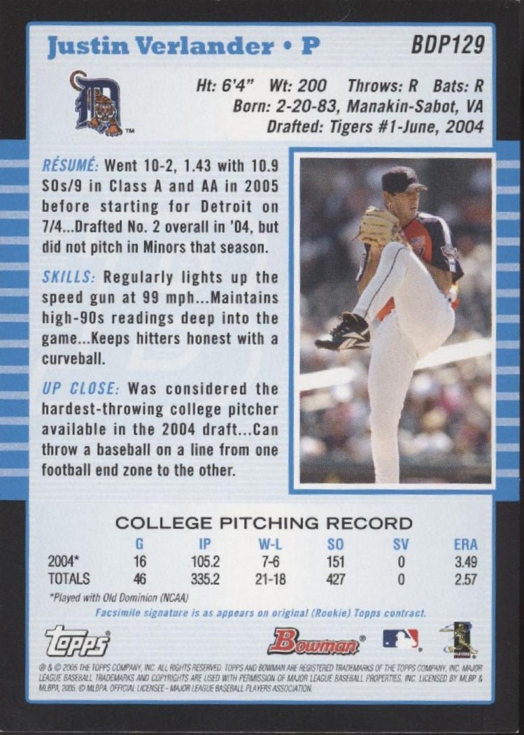Justin Verlander 2005 Bowman 1st Year BDP129 - Collector Store LLC