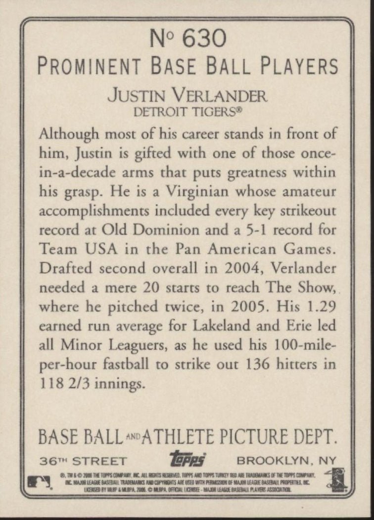 Justin Verlander 2006 Topps Turkey Red RC #630 - Collector Store LLC