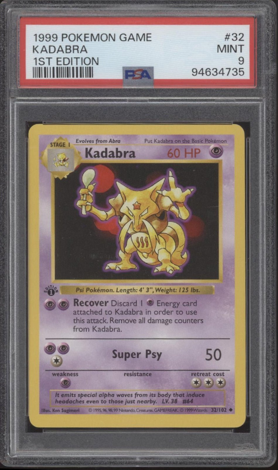 Kadabra Pokemon Base Set 1st Edition #32 PSA 9 - Collector Store LLC