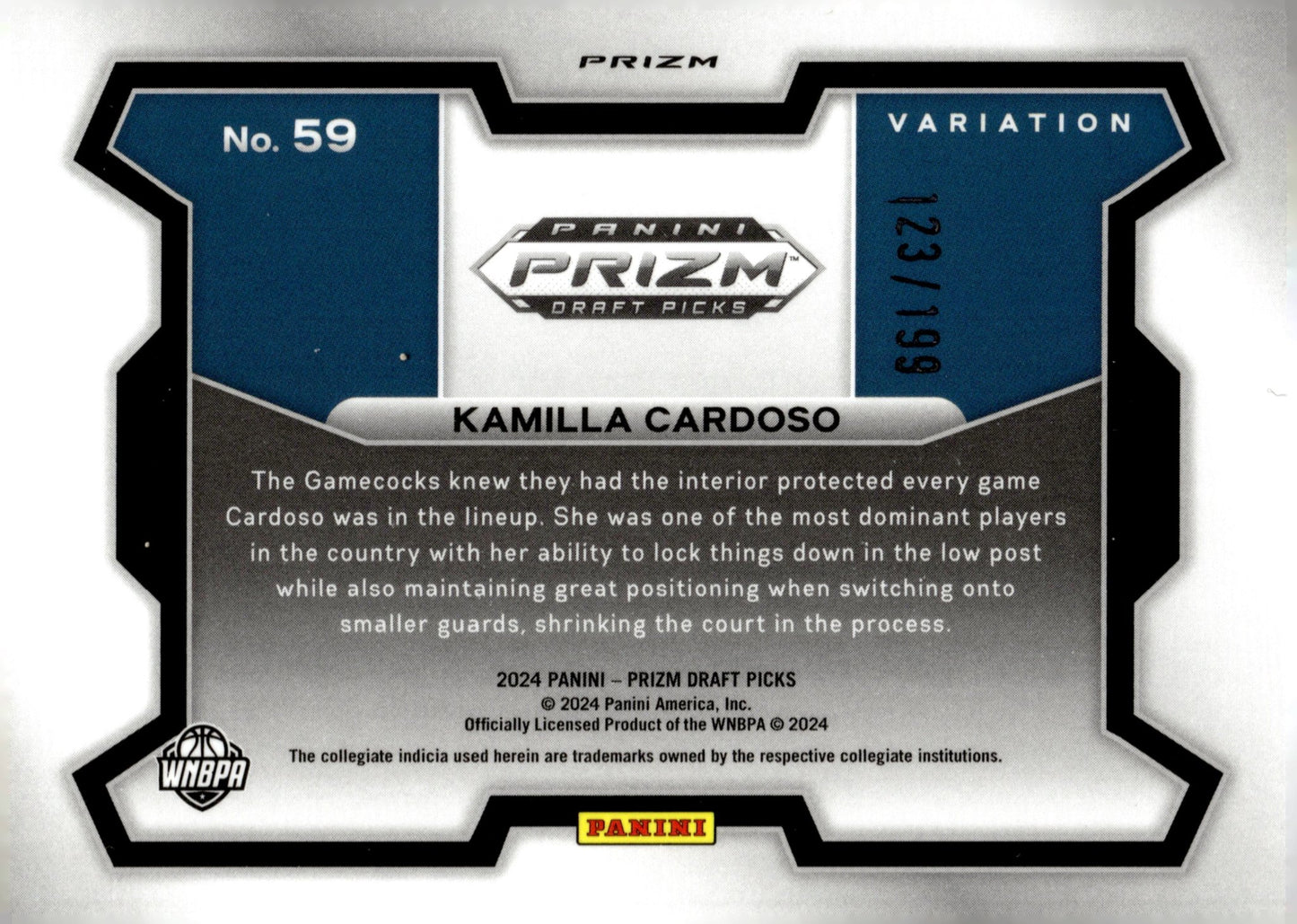 Kamilla Cardoso 2024 Panini Prizm Draft Picks Variation Blue Prizm RC 123/199 - Collector Store LLC