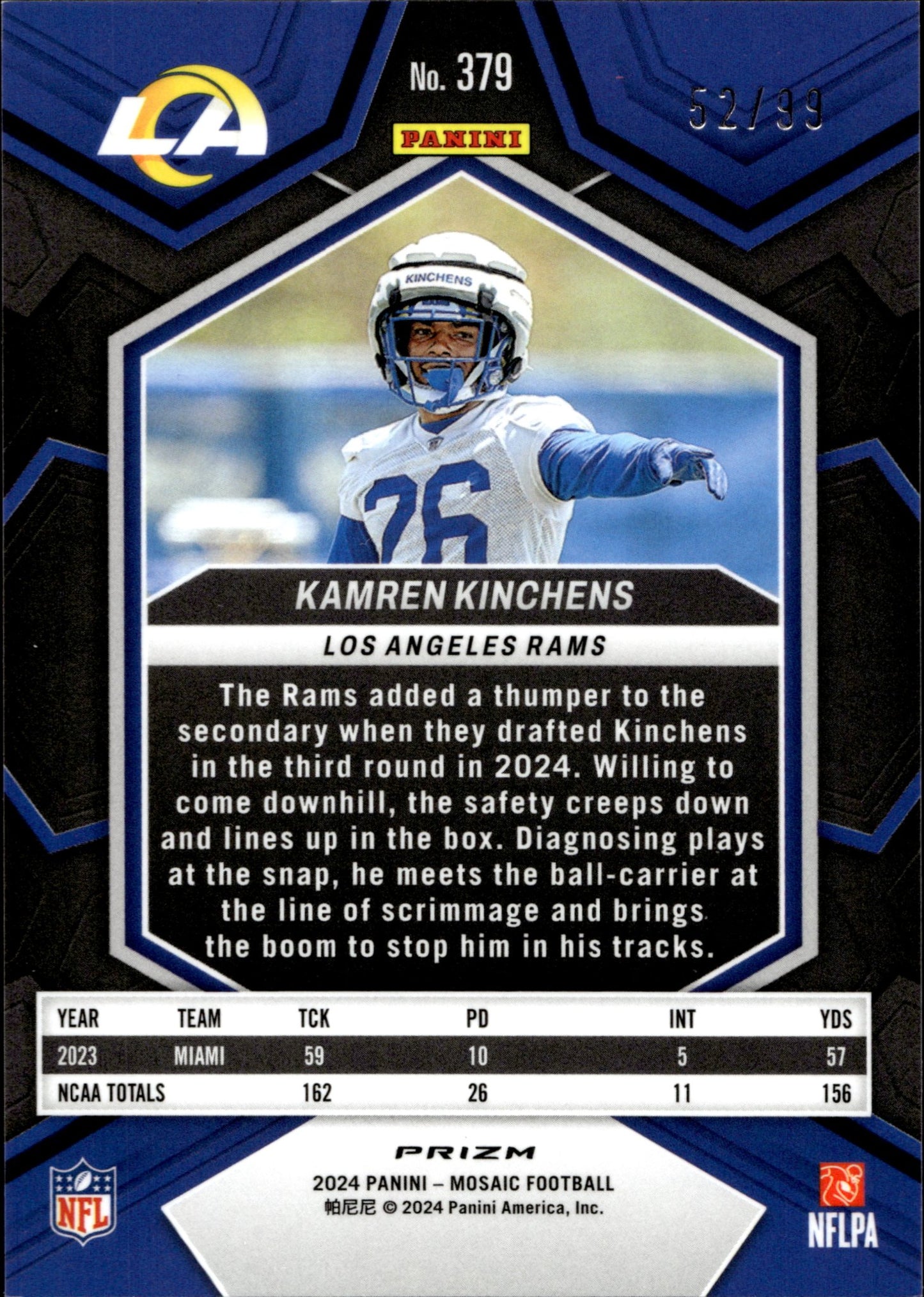 Kamren Kinchens 2024 Panini Mosaic Blue Prizm RC 52/99 #379 - Collector Store LLC
