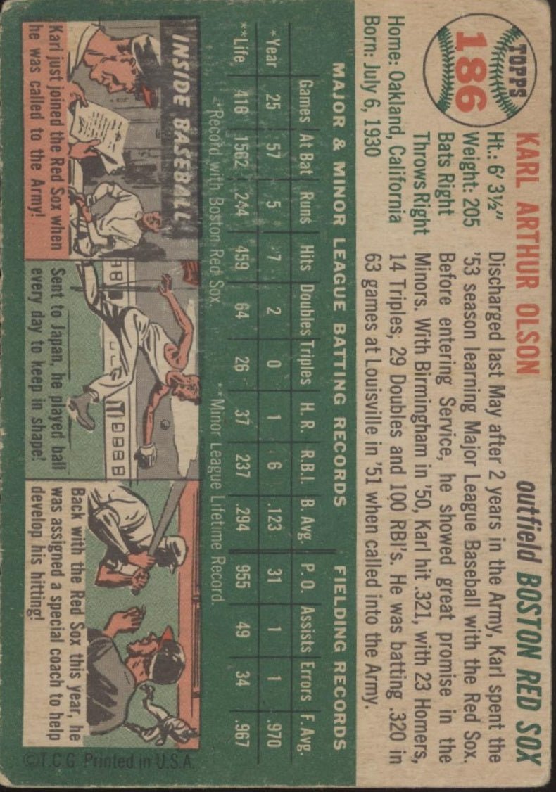 Karl Olson 1954 Topps #186 Boston Red Sox GD #2 - Collector Store LLC