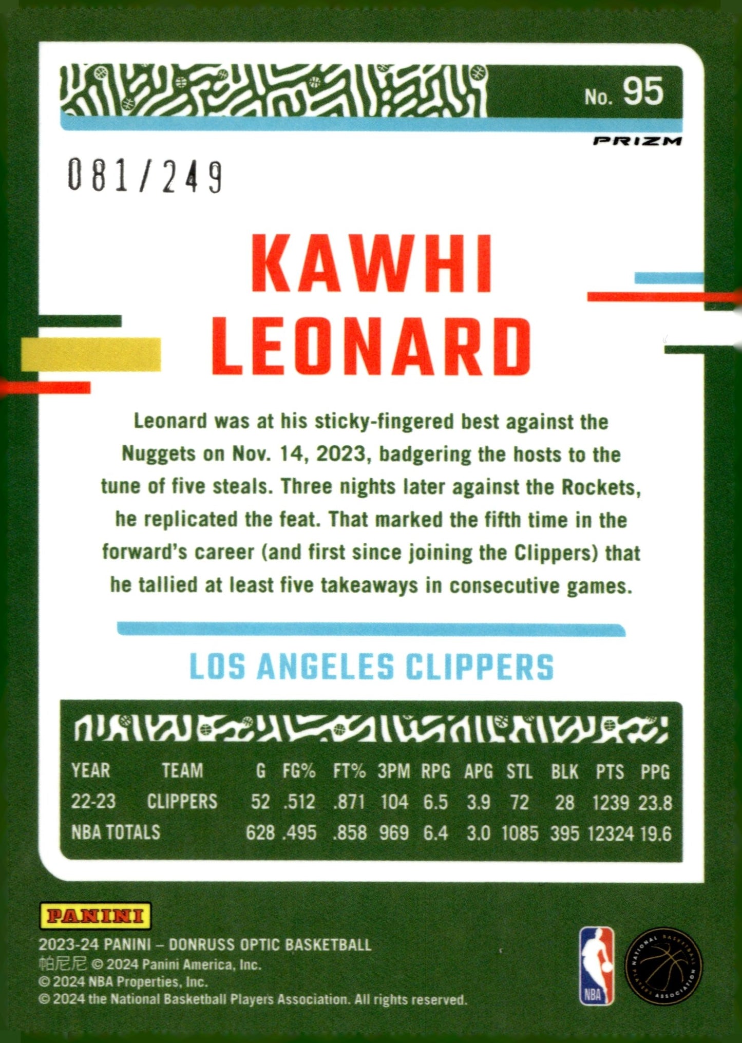 Kawhi Leonard 2023 - 24 Panini Donruss Optic Aqua Prizm 081/249 #95 - Collector Store LLC
