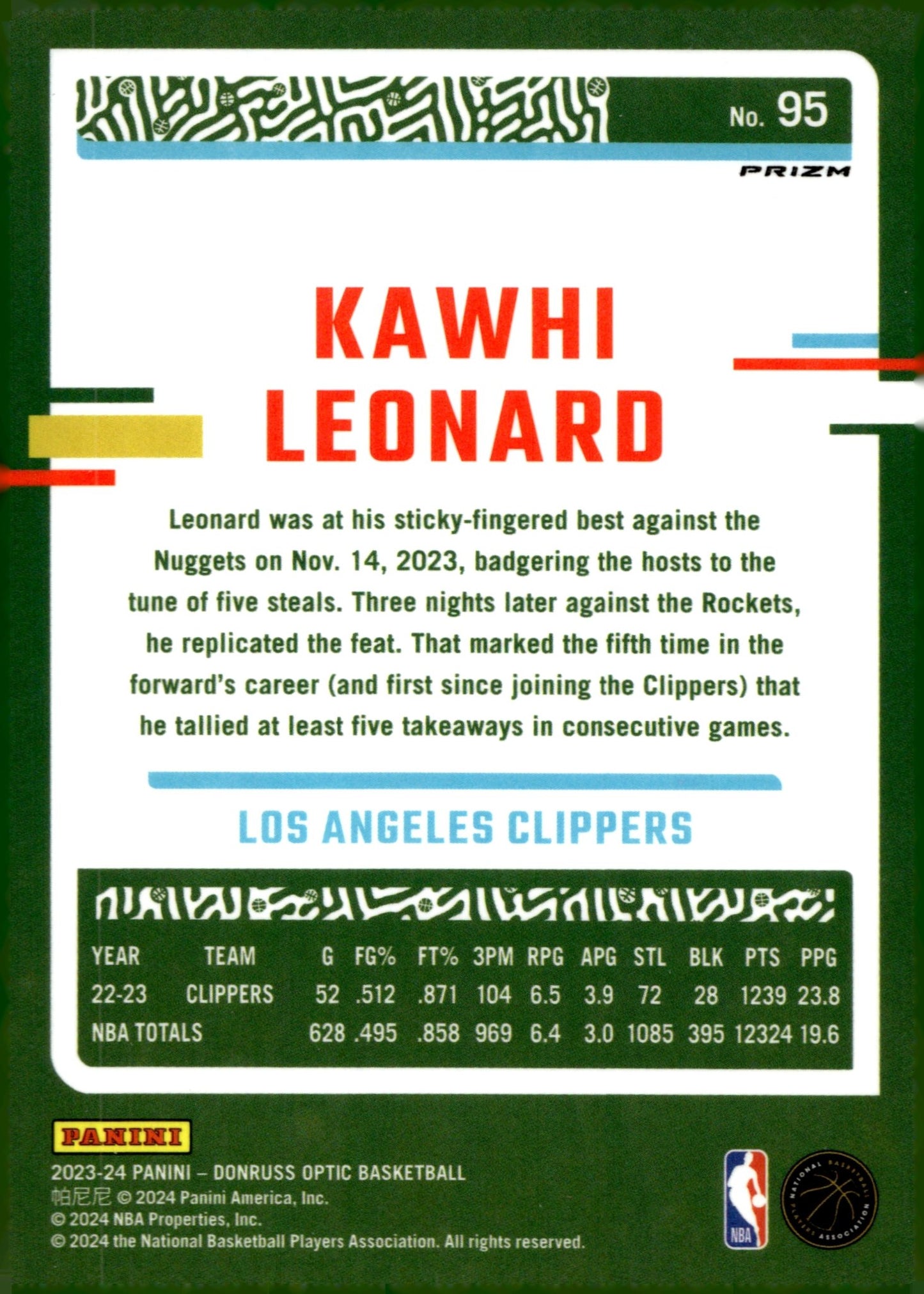 Kawhi Leonard 2023 - 24 Panini Donruss Optic Purple Shimmer Prizm #95 - Collector Store LLC