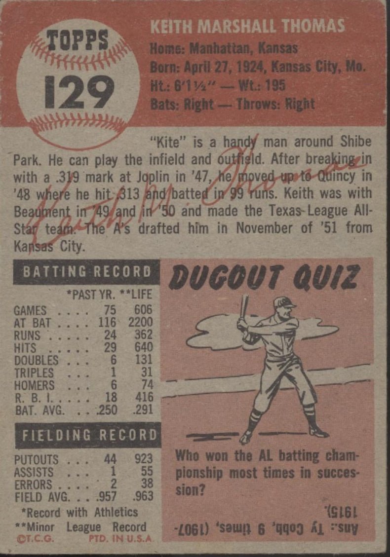 Keith Thomas 1953 Topps RC #129 Philadelphia Athletics VG - Collector Store LLC