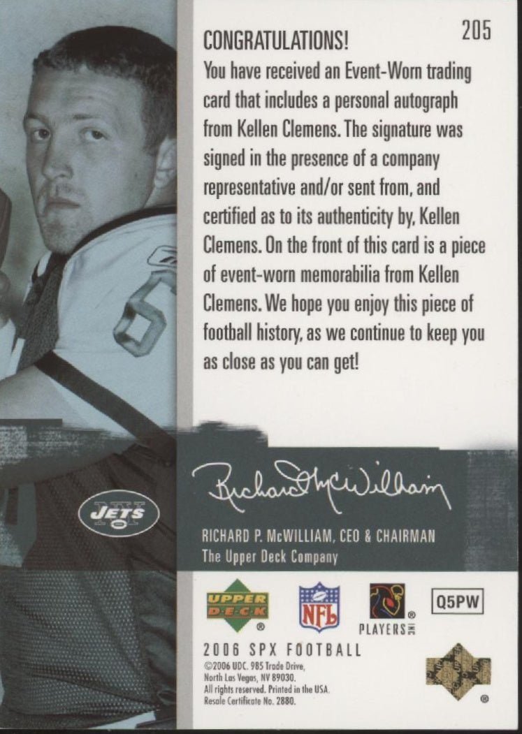Kellen Clemens 2006 Upper Deck SPX Swatch RC Auto 0236/1650 #205 - Collector Store LLC