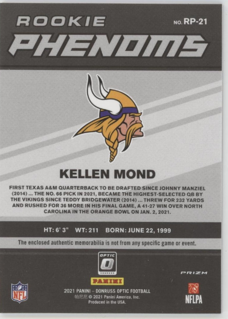 Kellen Mond 2021 Panini Donruss Optic Rookie Phenoms Red Prizm Swatch RC #RP - 21 - Collector Store LLC