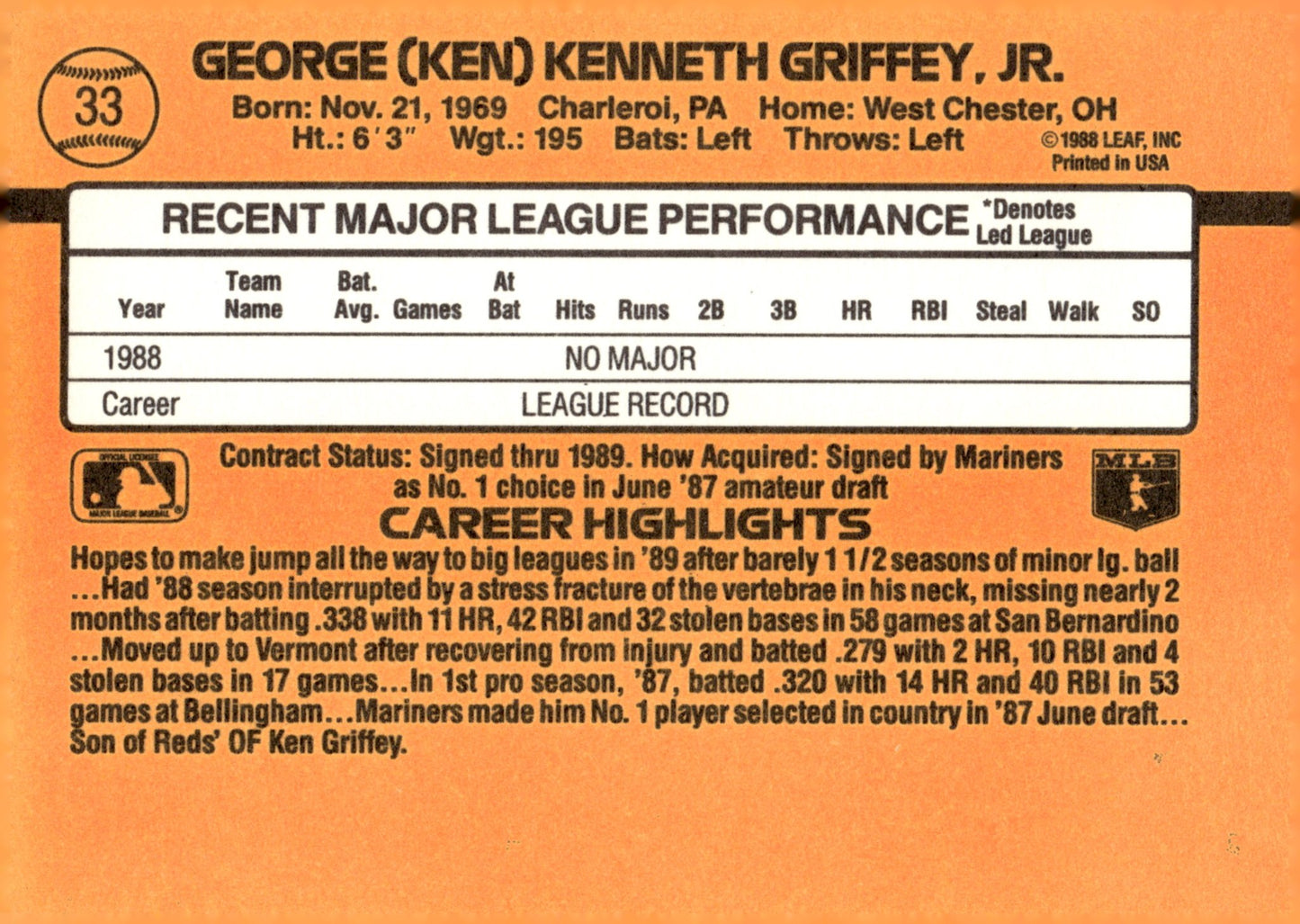 Ken Griffey Jr. 1989 Donruss Rated Rookie RC #33 #1 - Collector Store LLC