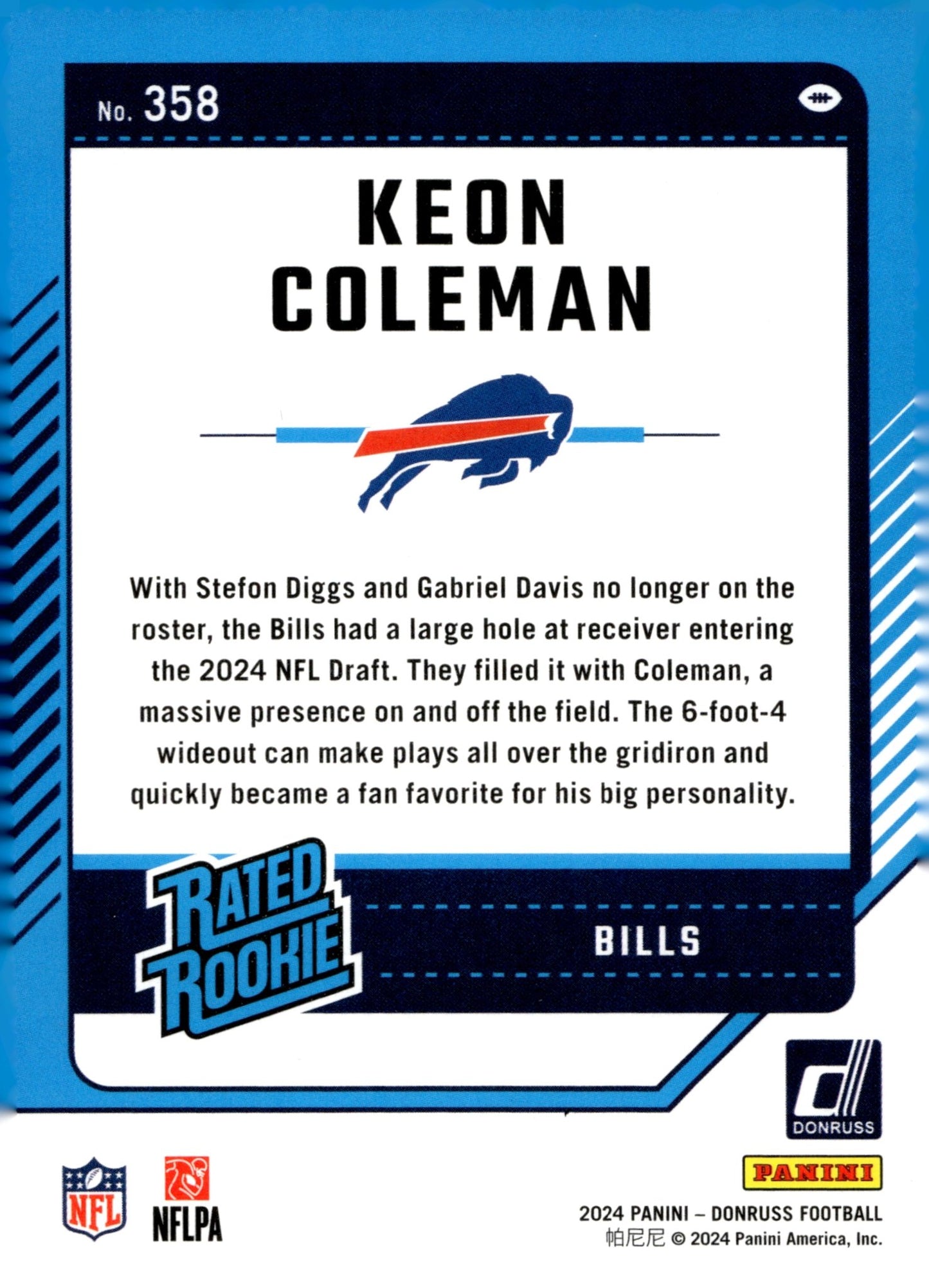 Keon Coleman 2024 Panini Donruss Rated Rookie RC #358 #358 - Collector Store LLC