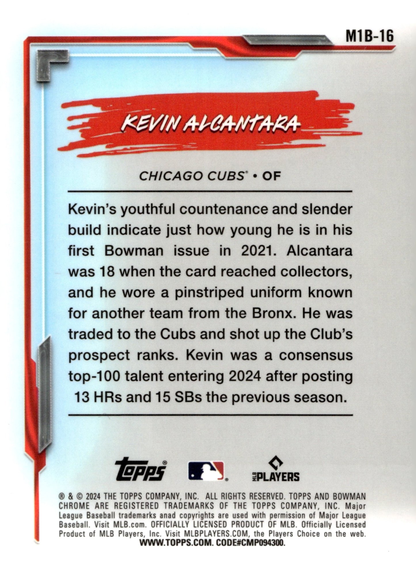 Kevin Alcantara 2024 Bowman Chrome My 1st Bowman Mojo Refractor #M1B - 16 #2 - Collector Store LLC