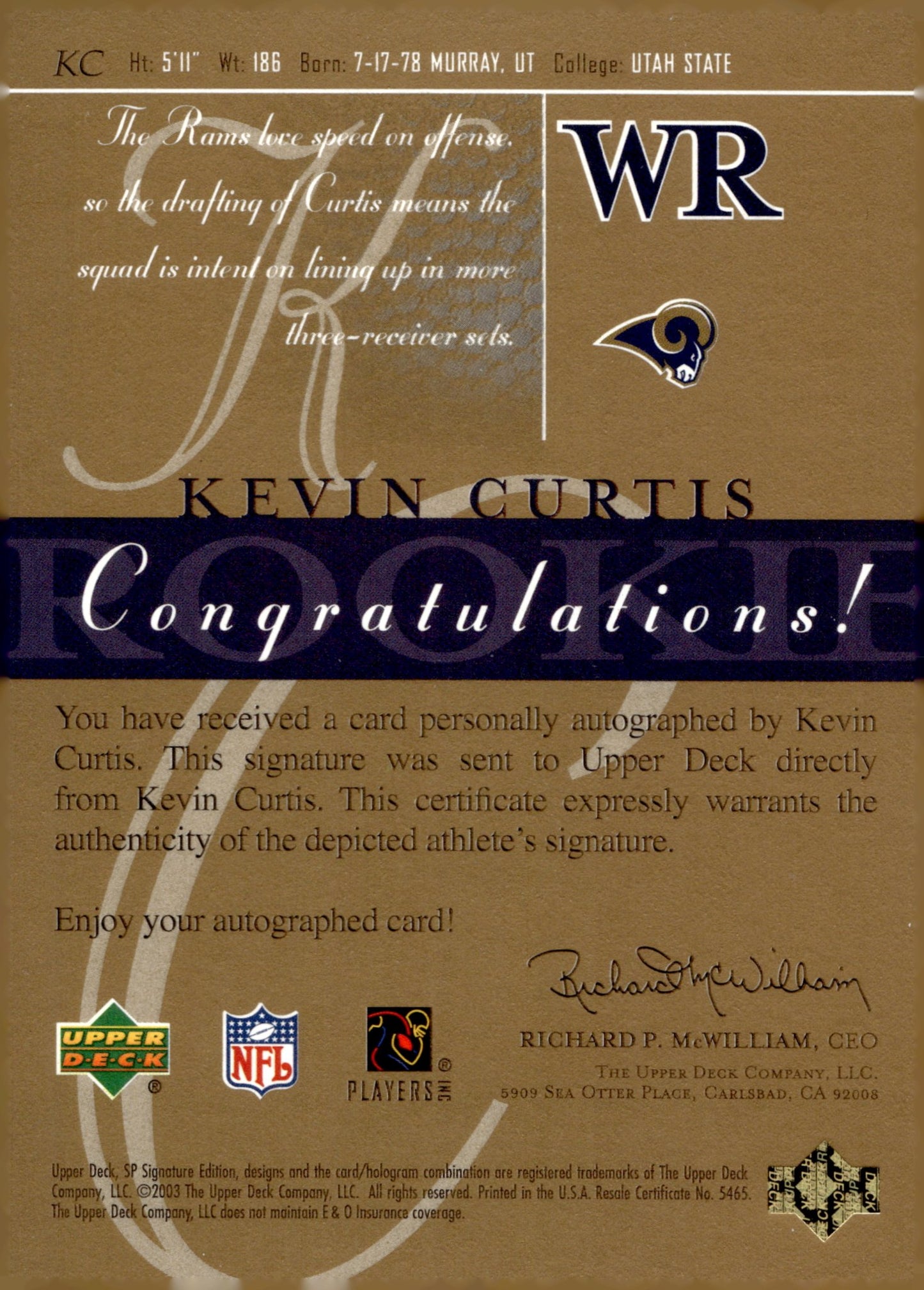 Kevin Curtis 2003 Upper Deck SP Signature Edition Auto - Collector Store LLC