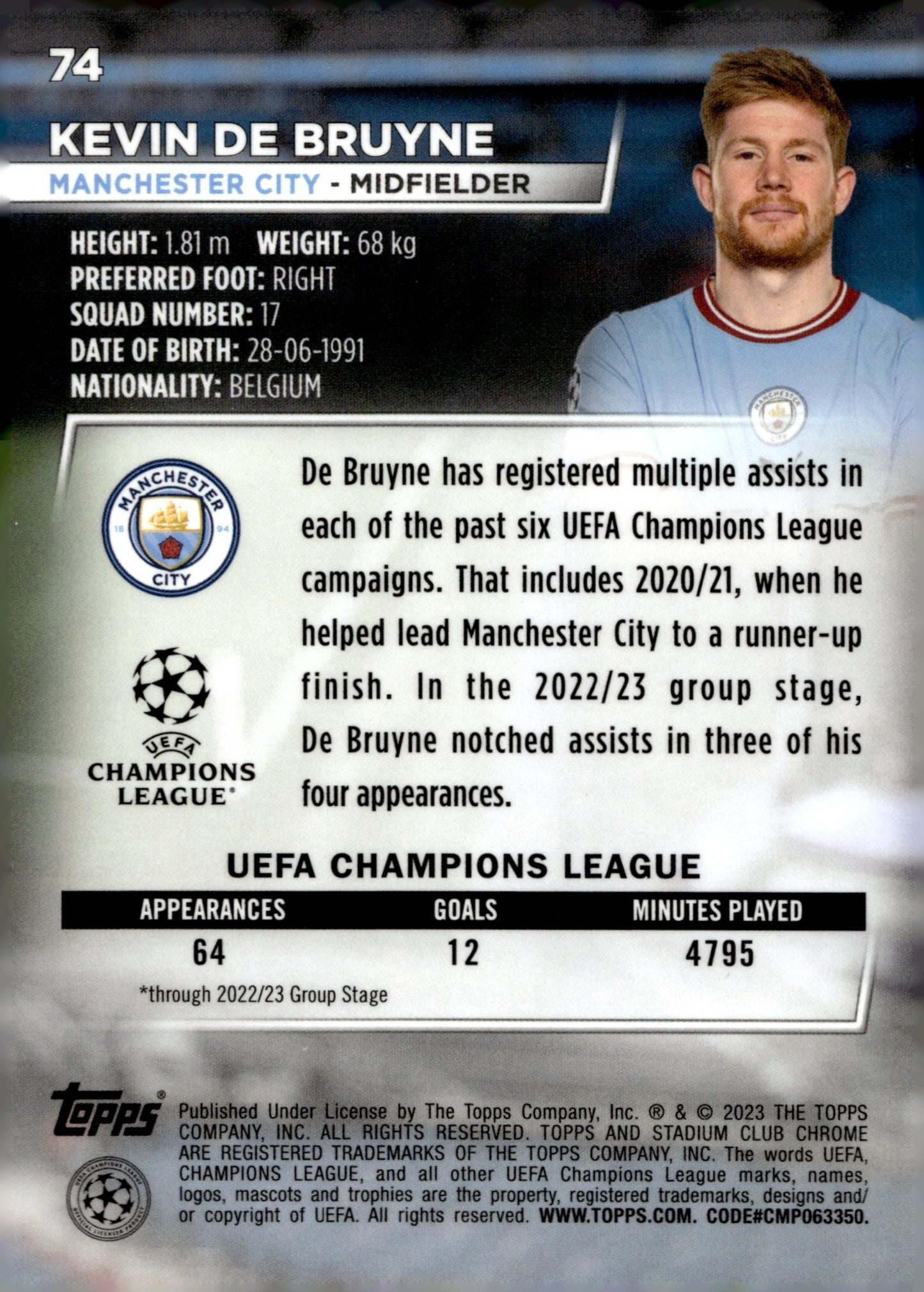 Kevin De Bruyne 2022 - 23 Topps Stadium Club Chrome UEFA Champions League #74 - Collector Store LLC