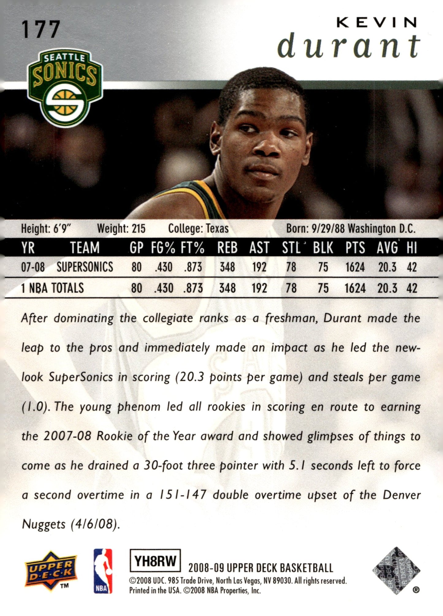 Kevin Durant 2008 - 09 Upper Deck #177 - Collector Store LLC