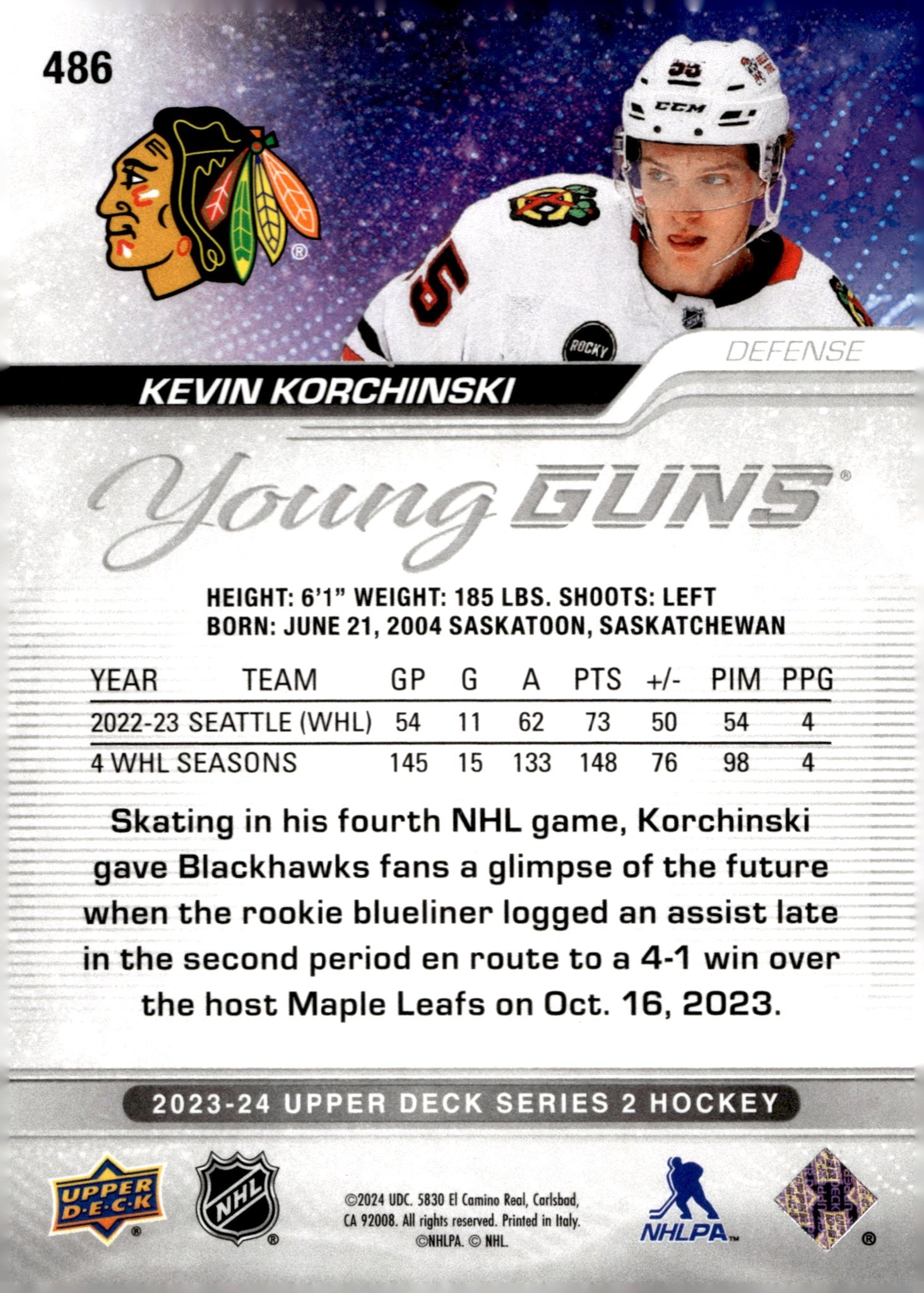 Kevin Korchinski 2023 - 24 Upper Deck Series 2 Young Guns RC #486 - Collector Store LLC