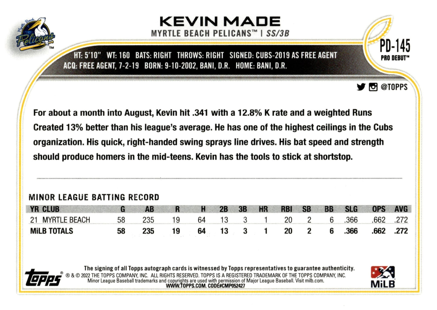 Kevin Made 2022 Topps Pro Debut Auto #PD - 145 - Collector Store LLC