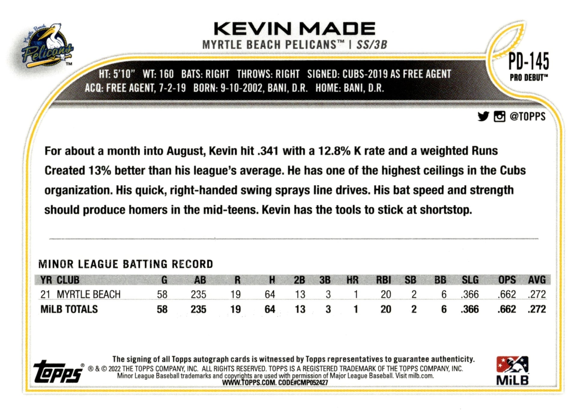 Kevin Made 2022 Topps Pro Debut Auto #PD - 145 - Collector Store LLC