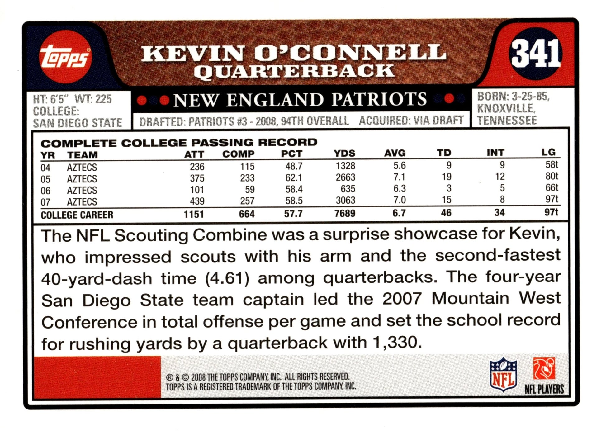 Kevin O'Connell 2008 Topps RC #341 - Collector Store LLC