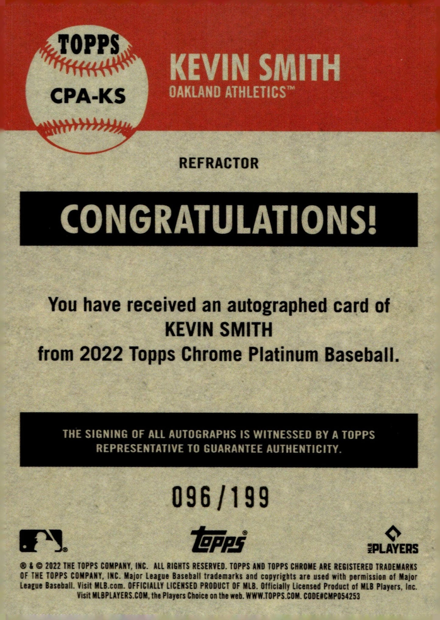 Kevin Smith 2022 Topps Chrome Platinum Refractor RC Auto 096/199 #CPA - KS - Collector Store LLC