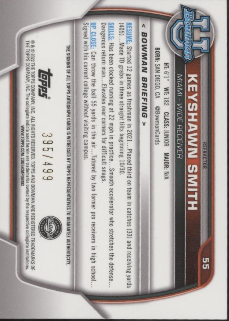 Keyshawn Smith 2022 Bowman Chrome University Refractor Auto 395/499 55 - Collector Store LLC