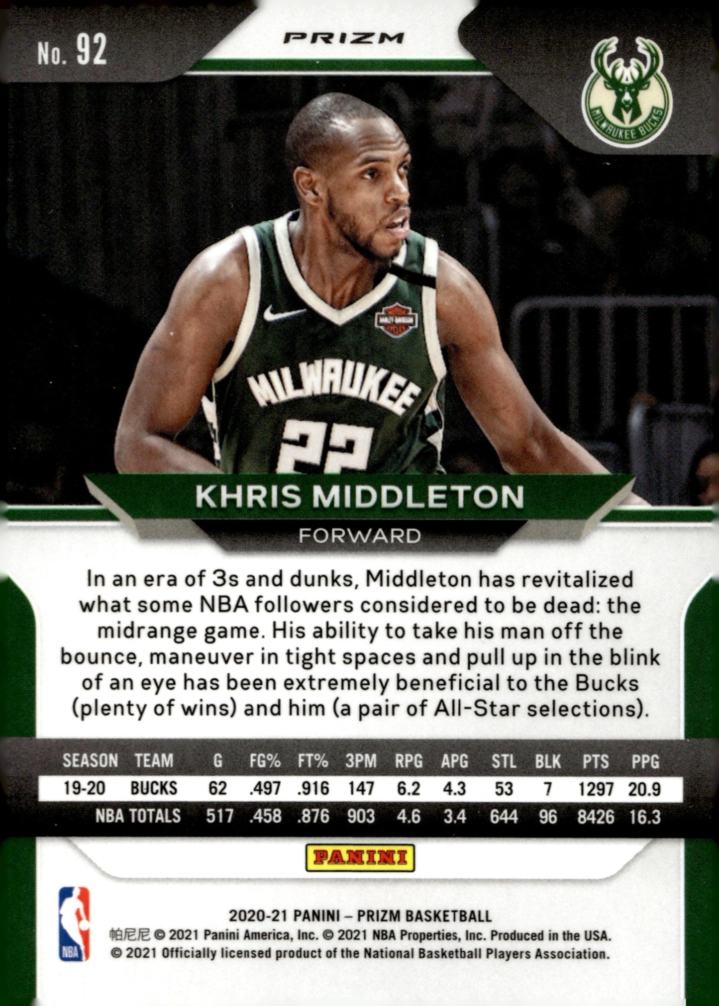 Khris Middleton 2020 - 21 Panini Prizm Silver Prizm #92 - Collector Store LLC
