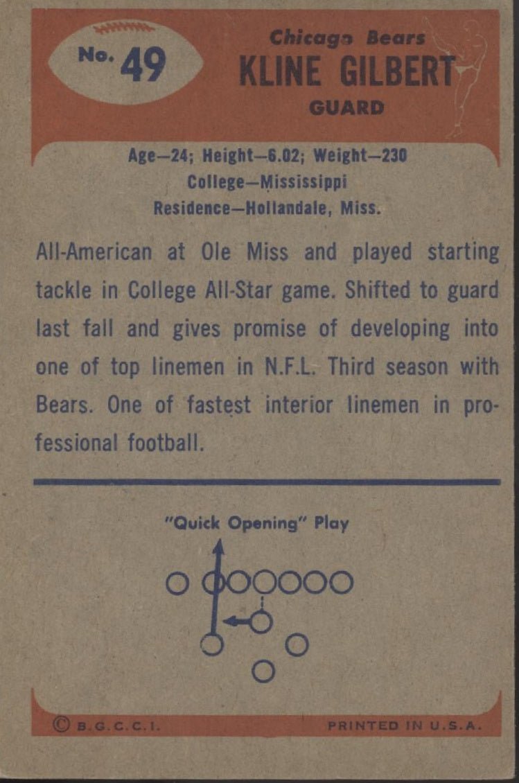 Kline Gilbert 1955 Bowman #49 Chicago Bears - Collector Store LLC