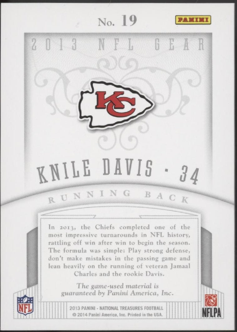 Knile Davis 2013 Panini National Treasures NFL Gear Swatch RC 39/99 #19 - Collector Store LLC