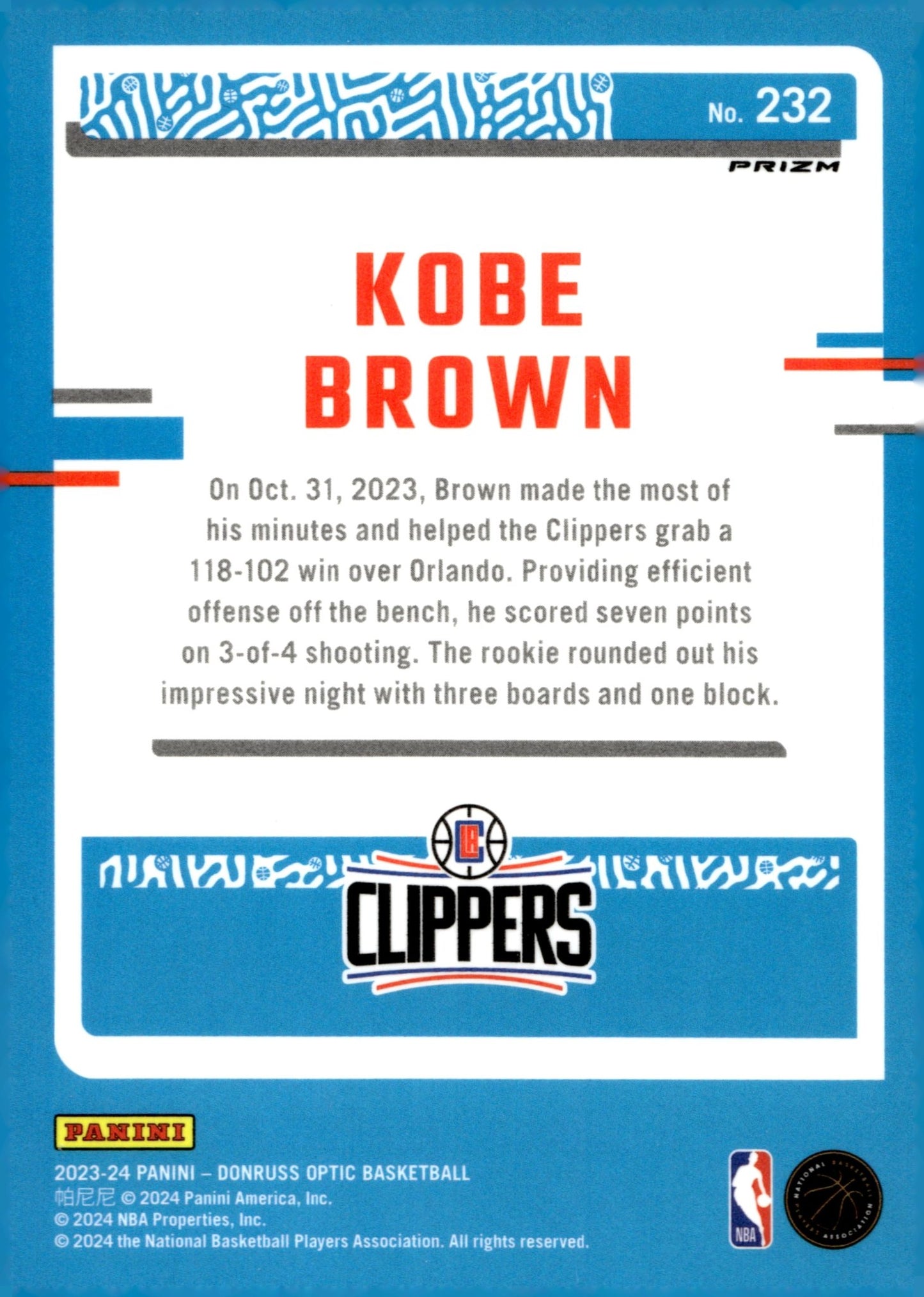 Kobe Brown 2023 - 24 Panini Donruss Optic Rated Rookie Pink Prism Prizm RC #232 - Collector Store LLC