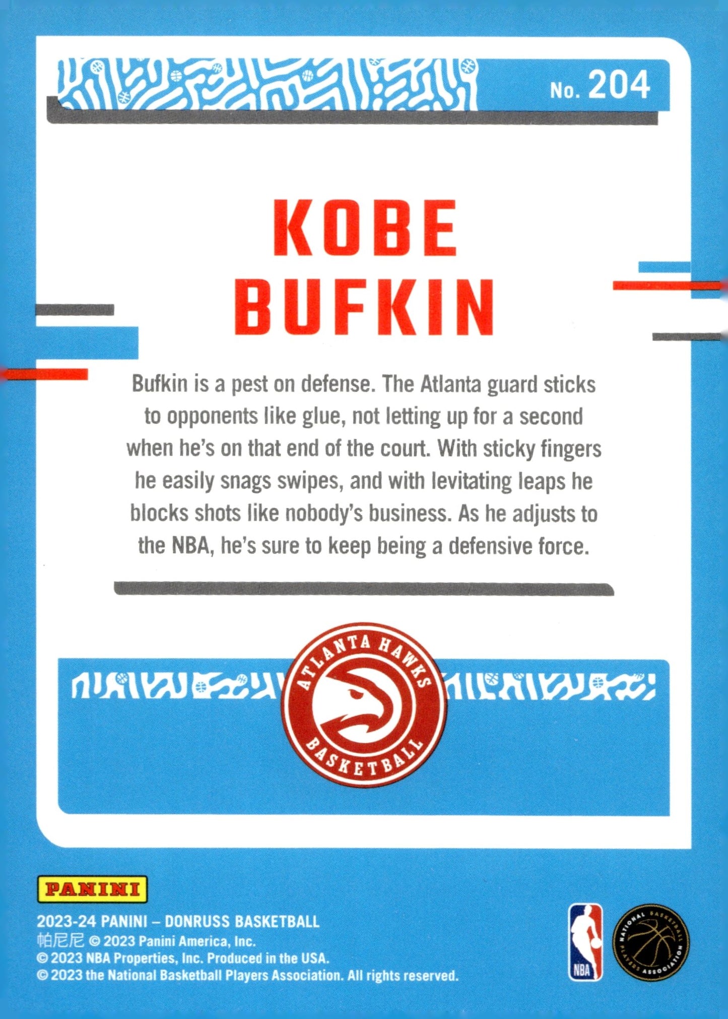 Kobe Bufkin 2023 - 24 Panini Donruss Rated Rookie RC #204 - Collector Store LLC