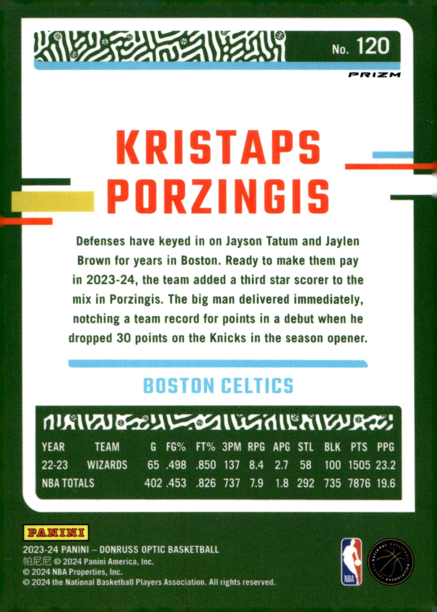 Kristaps Porzingis 2023 - 24 Panini Donruss Optic Pink Prism Prizm #120 - Collector Store LLC