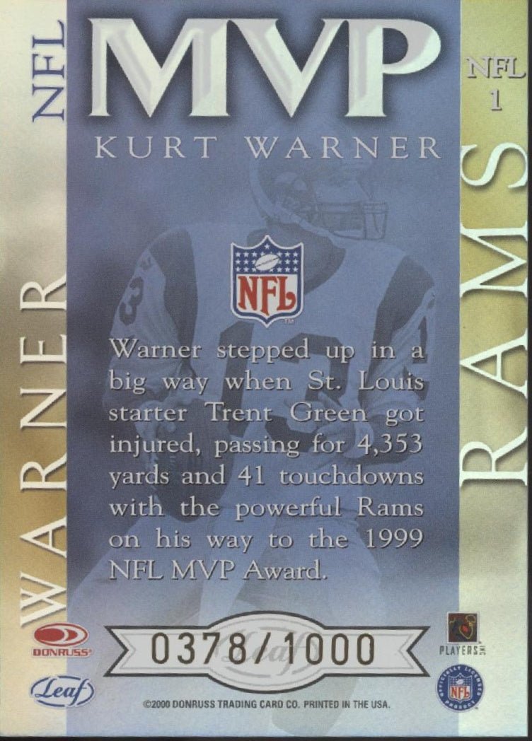 Kurt Warner 2000 Leaf Quantum MVP 0378/1000 - Collector Store LLC