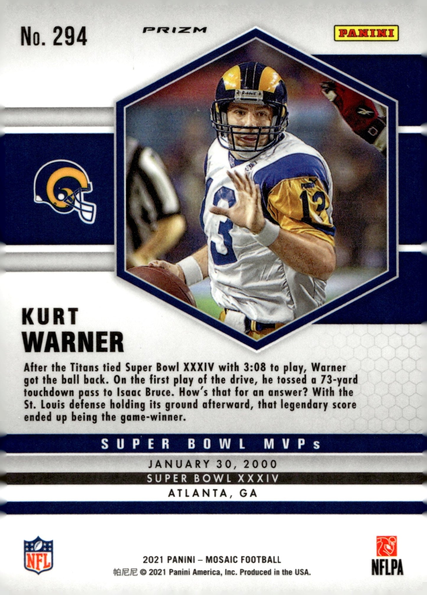 Kurt Warner 2024 Panini Mosaic Super Bowl MVPs Green Prizm #294 - Collector Store LLC