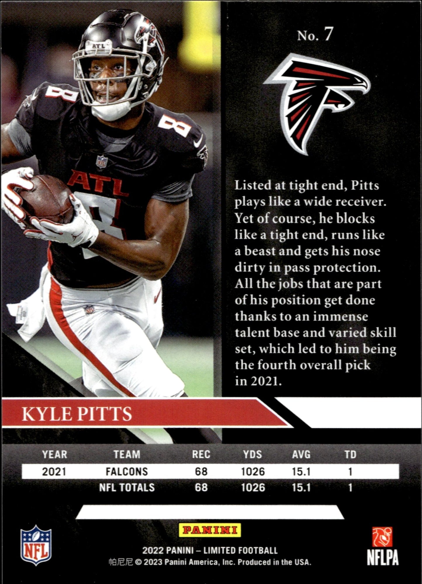 Kyle Pitts 2022 Panini Limited Red 25/49 #7 - Collector Store LLC