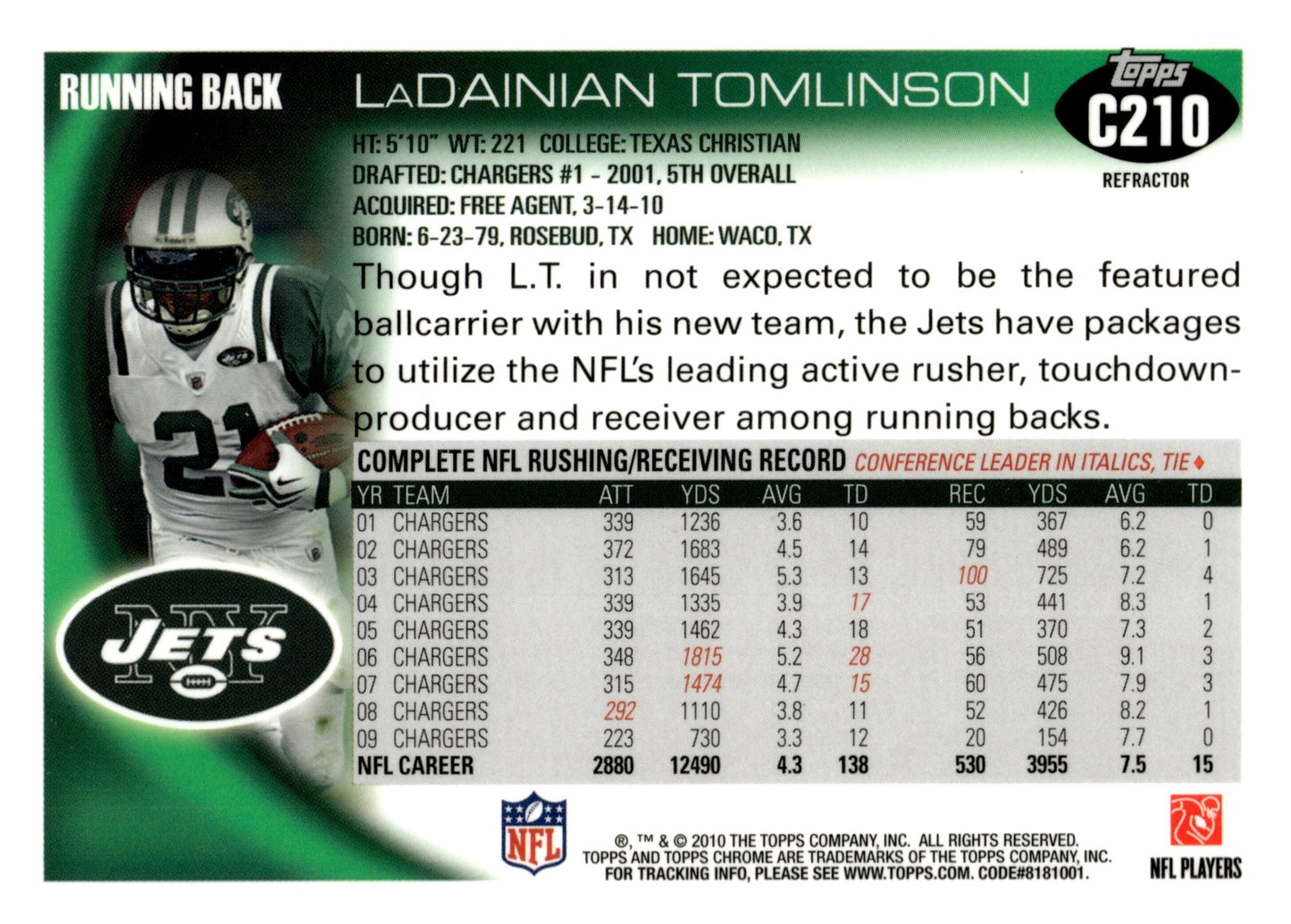 LaDainian Tomlinson 2010 Topps Chrome Orange Refractor #C210 - Collector Store LLC