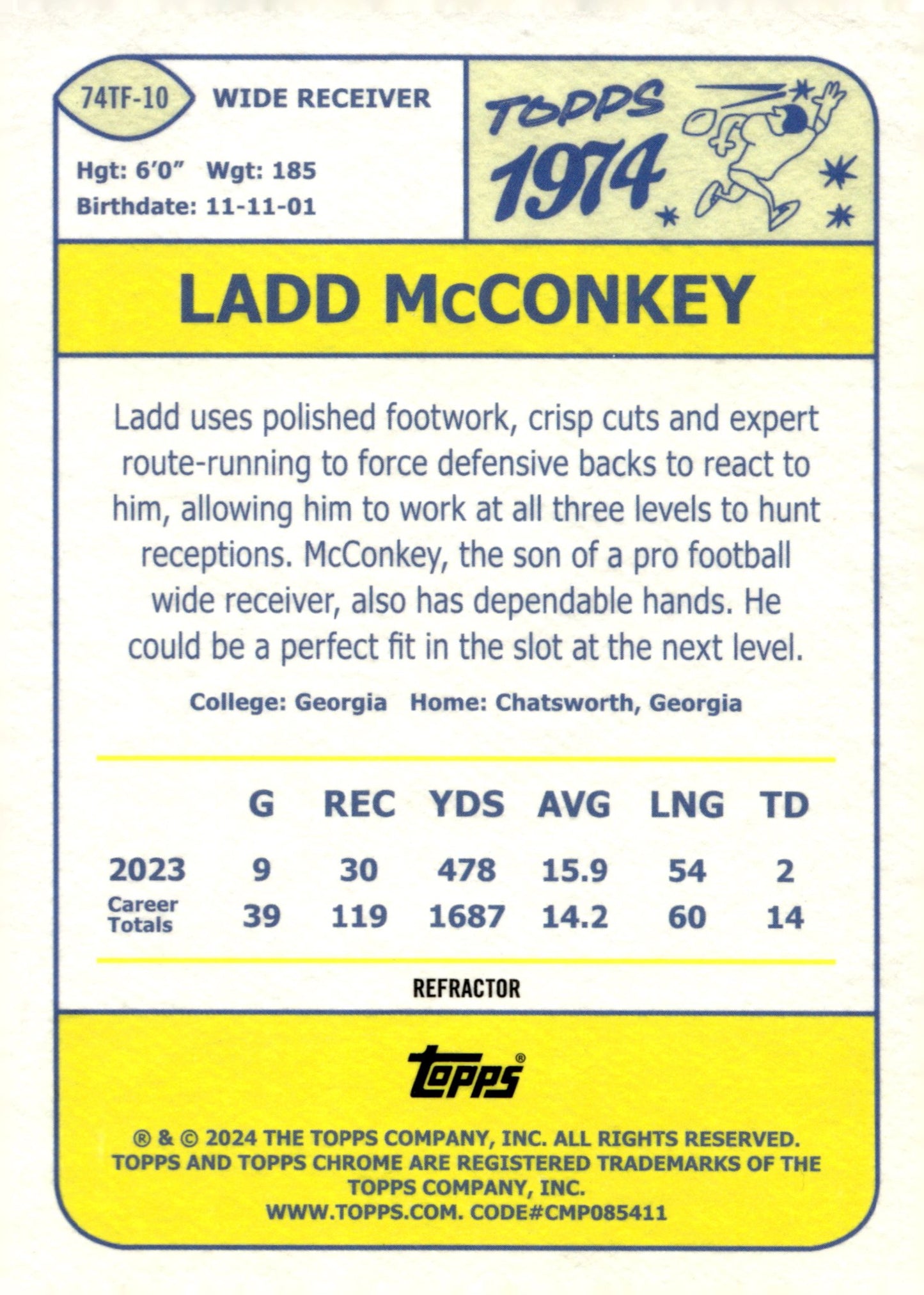 Ladd McConkey 2024 Topps Chrome Refractor RC #74TF - 10 - Collector Store LLC